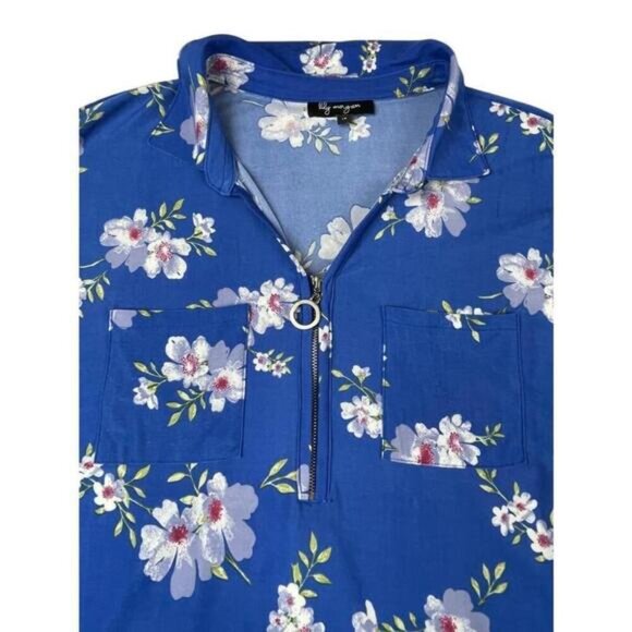 Lily Morgan Shirt Womens 1X Blue Floral Quarter Zip Collared Blouse - Picture 2 of 8